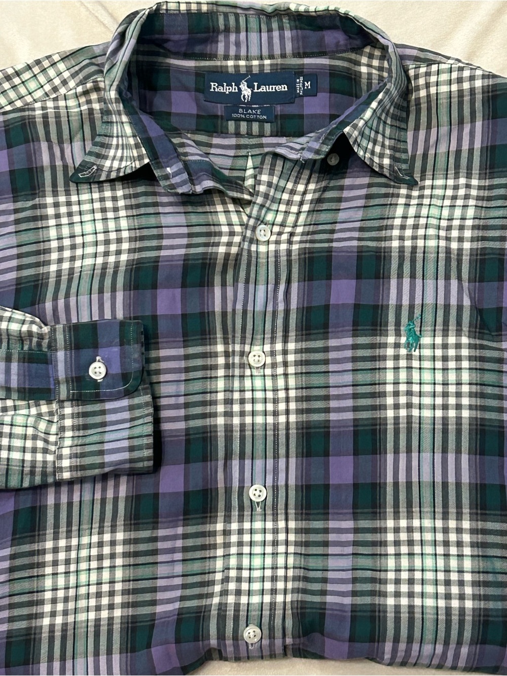 Polo Ralph Lauren Blake Shirt Mens Medium M Purple Green Plaid Button Down 90s - Picture 1 of 4